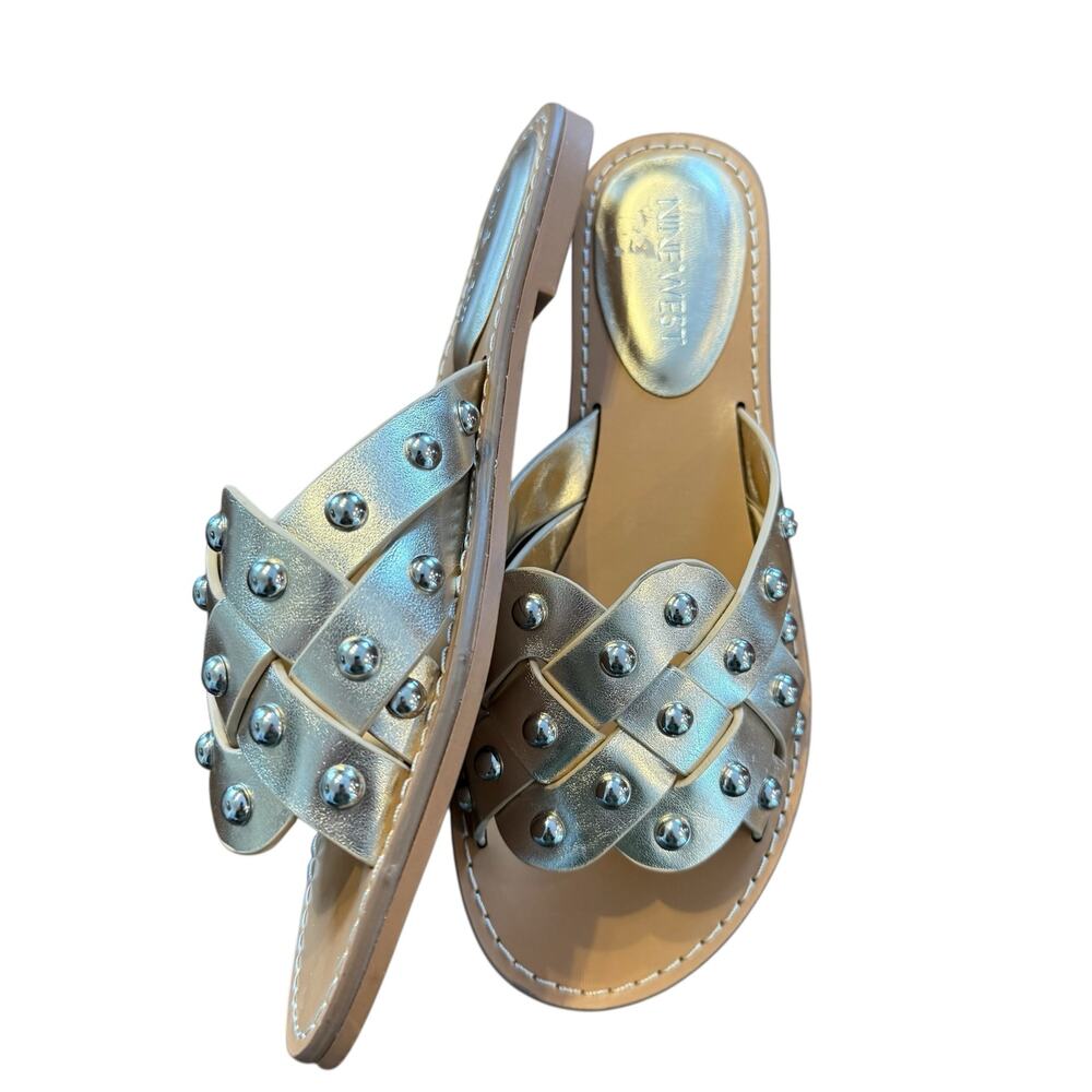 Nine West Womens like-new gold faux leather studded woven slide, flat, Size 6M - Picture 3 of 5